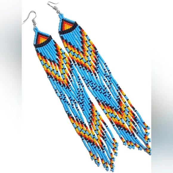 Long 7.5" Turquoise Blue Beaded Fringe Dangle Earrings Native American Style New - Picture 3 of 5